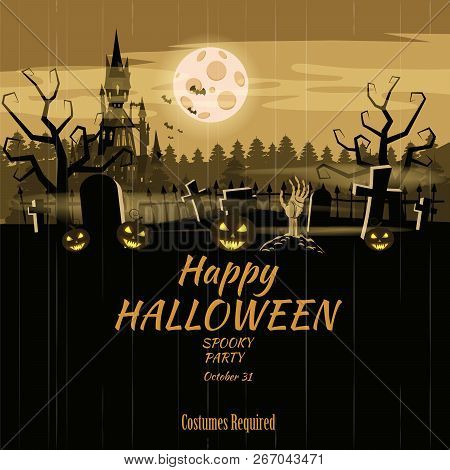 Poster Happy Halloween Holiday Pumpkin, Cemetery, Black Abandoned Castle, Attributes Of The Holiday 