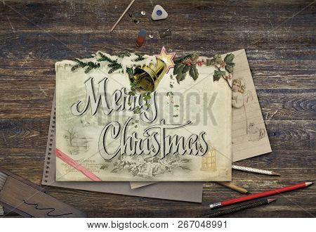 Christmas Collage With Pencils, Pencil Case And Christmas Pattern On A Vintage Table