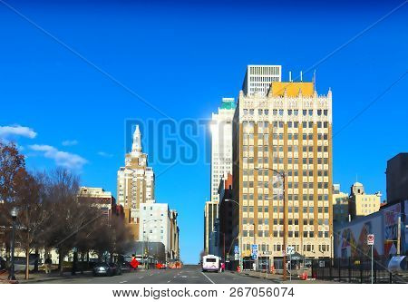 Tulsa Oklahoma Usa 2 25 2018 View Of Downtown Tulsa Oklahoma From The West In Hdr With Lens Flair An