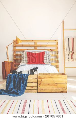 Bright Oldschool Teenager Bedroom With Vintage Furniture, Real Photo With Copy Space On The Wall