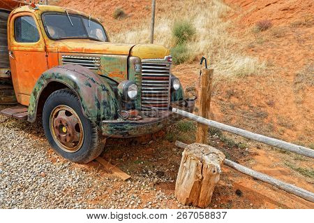 Ten Sleep, Wyoming, September 24, 2018 : An Old Orange Truck In The Brewery.