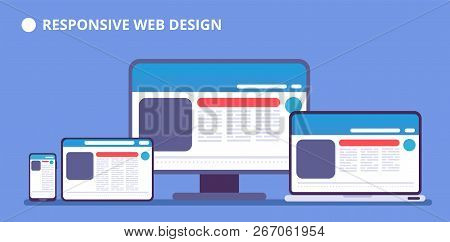 Responsive Website. Webpage On Different Devices. Tablet And Phone, Laptop And Computer Display With