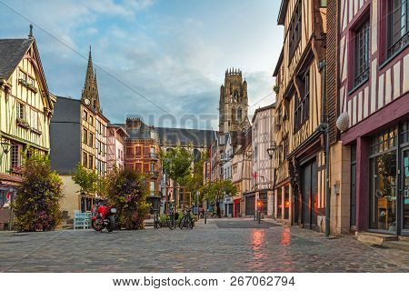 Rouen, France. Place Du Lieutenant-aubert With Famous Old Normandy Buildings With Nobody