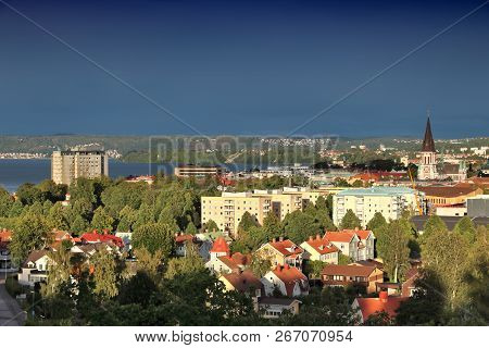Jonkoping Town Skyline With Lake Vattern In Sweden. Smaland Province.