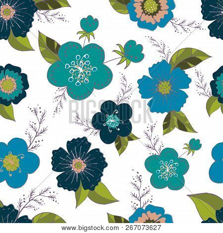 Seamless pattern with blue flowers romantic elements. Endless color floral texture for design