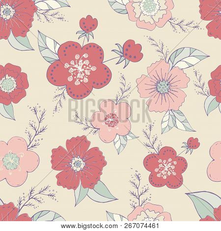 Seamless pattern with pastel flowers romantic elements. Endless color floral texture for design