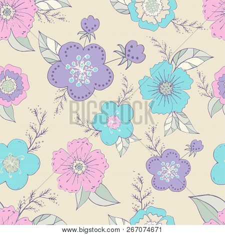 Seamless pattern with pastel flowers romantic elements. Endless color floral texture for design