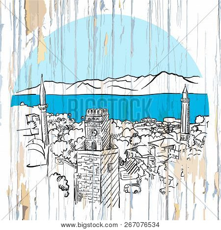 Antalya Drawing On Wood. Vector Illustration On Vintage Background.
