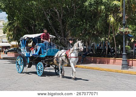 Merida, Mexico-march 18, 2018: Blue Horse Drawn Carriages On A City Street In Front Of The Plaza Gra