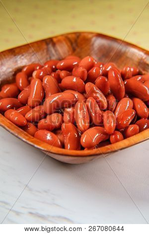 Chili Ingredients Wooden Bowl Kidney Beans On Marble Counter