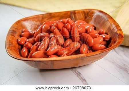 Chili Ingredients Wooden Bowl Kidney Beans On Marble Counter