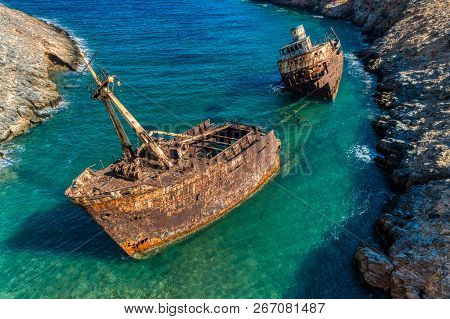 Aerial View Of Shipwreck Olympia In Amorgos Island, Cyclades, Greece