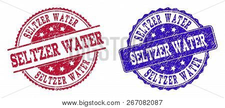 Grunge Seltzer Water Seal Stamps In Blue And Red Colors. Stamps Have Distress Surface. Vector Rubber