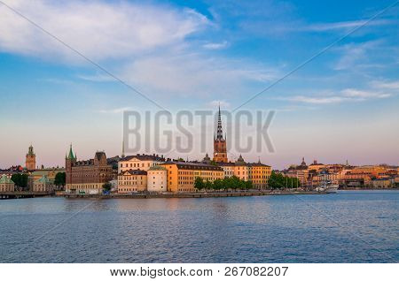 Riddarholmen Island District With Riddarholm Church Spires And Typical Sweden Colorful Gothic Buildi