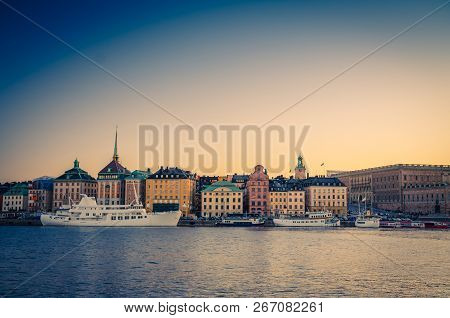 Old Historical Town Quarter Gamla Stan With Traditional Typical Buildings With Colorful Walls, Royal