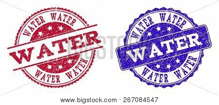 Grunge Water Seal Stamps In Blue And Red Colors. Stamps Have Draft Style. Vector Rubber Imitation Wi