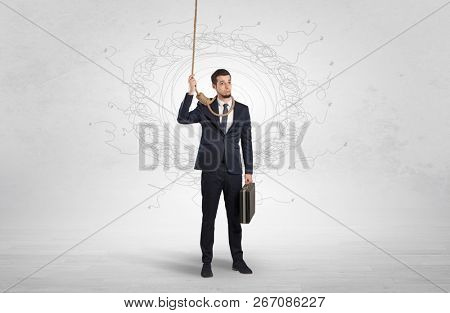 Burnout young elegant businessman trying to suicide with doodle concept