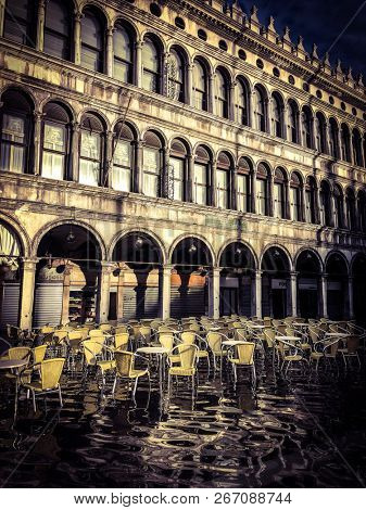 Venice, Italy - 1 November 2018: San Marco square under water, city has been flooded by waters rising 156 cm