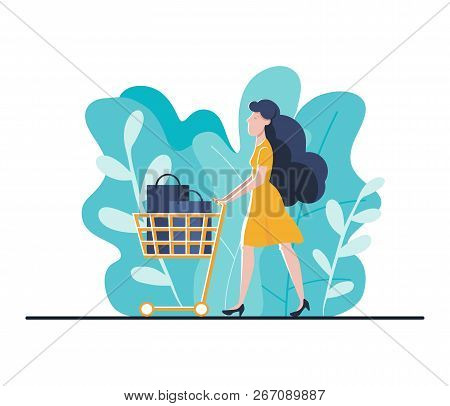 Online Shopping Landing Page Template For Website Or Mobile. Young Woman With Trolley Buys Online. M