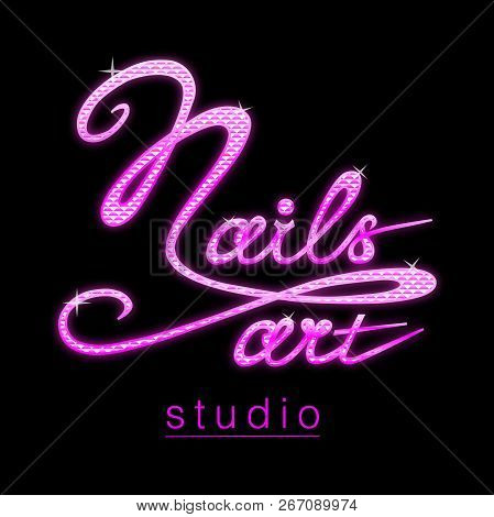 Nail Studio Logo With Sparkling Glitter Pink Effect Lettering Banner Hand Writing