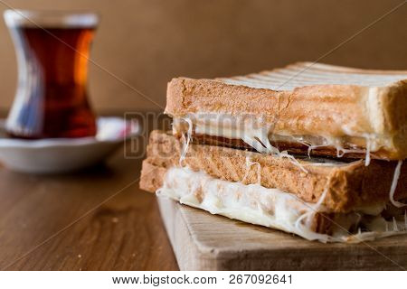 Turkish Sandwich Toast (tost) With Cheddar Or Melted Cheese And Tea