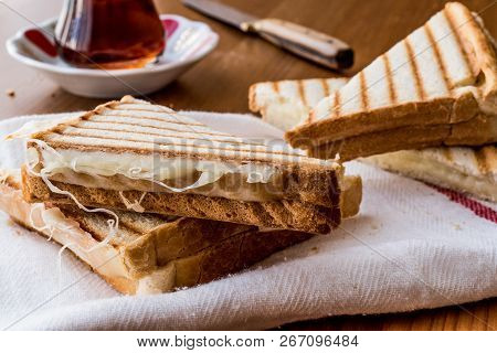 Turkish Sandwich Toast (tost) With Cheddar Or Melted Cheese And Tea