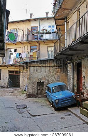 Lviv, Ukraine - October 22, 2012: Blue Soviet Vehicle Zaz-965 Zaporozhets In The Yard In Lviv