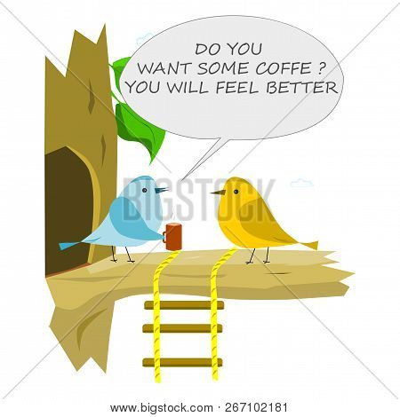 Bird With Cup Of Coffee. Conversation Of Two Birds