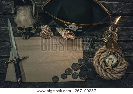 Pirate Treasure Map With Copy Space, Pirate Captain Hat, Compass, Coins, Human Skull, Mooring Rope, 