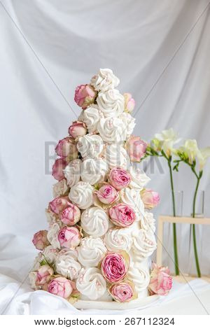 Zefir Croquembouche With Rose Flowers. Marshmallow Holiday Tree
