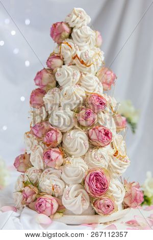Zefir Croquembouche With Rose Flowers. Marshmallow Holiday Tree