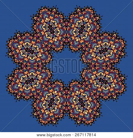 Abstract Vector Circle Floral Ornamental Border On Blue Background