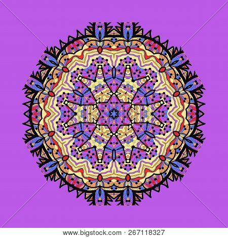 Violet Seamless Outlined Mandala. Unusual Tribal Design Element. Abstract Art Ornament. Fantasy Snow