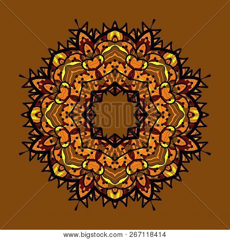 Hand Drawn Ethnic Circular Beige Ornament. Vintage Ornate Colorful Hinduism Symbol