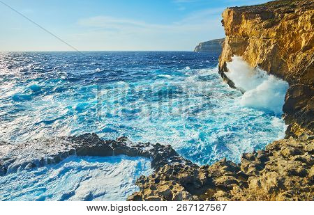 The Tall Cliffs At The Former Azure Window Site Are Best Place To Watch The Storm, The Strong Foamy 