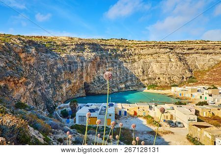 The Landscape Of San Lawrenz Village, Located At The Dwejra Inland Sea And Surrounded By Tall Limest