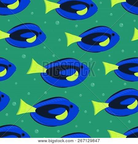 Seamless Pattern With Aquarium Fish. There Are Blue Surgeon Fishes In The Picture. Vector Illustrati