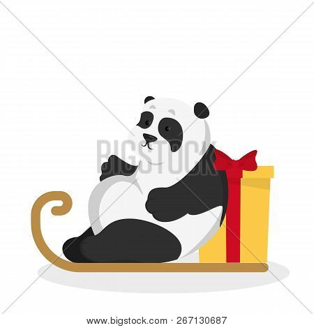 Cute Pand On Sledge With Christmas Gift And Red Bow