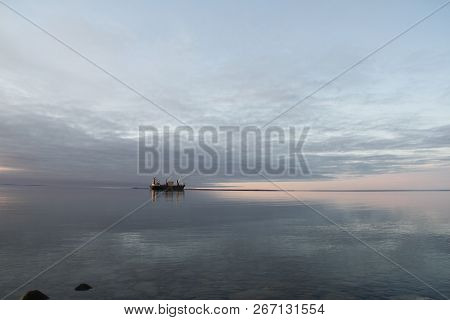 Resupply Cargo Barge On The Waters Of Nunavut Near The Community Of Baker Lake In The Kivalliq Regio
