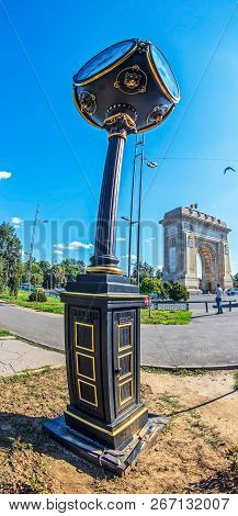 Bucharest, Romania - July 16, 2018: New Street Clock In Retro Style Near Triumphal Arch - Landmark I