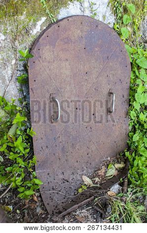 Old Metal Door To The Basement. Metal Door To The Cellar.