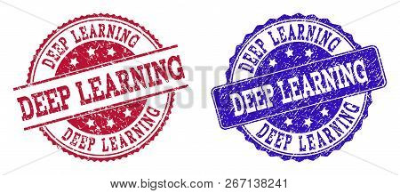 Grunge Deep Learning Seal Stamps In Blue And Red Colors. Stamps Have Draft Style. Vector Rubber Imit