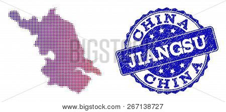 Halftone Dot Map Of Jiangsu Province And Blue Corroded Seal. Vector Halftone Map Of Jiangsu Province