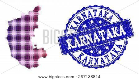 Halftone Dot Map Of Karnataka State And Blue Grunge Seal Stamp. Vector Halftone Map Of Karnataka Sta