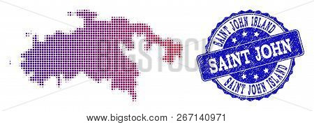 Halftone Dot Map Of Saint John Island And Blue Scratched Seal Stamp. Vector Halftone Map Of Saint Jo