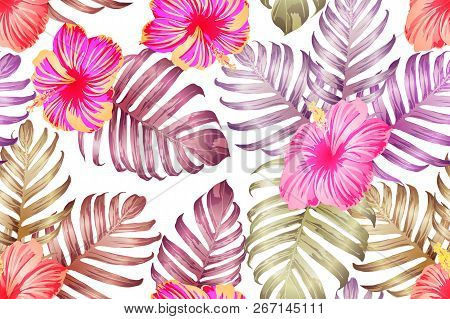 Pink Red Exotic Pattern. Monstera And Hibiscus Flowers Tropical Bouquet.  Saturated Large Floral Swi