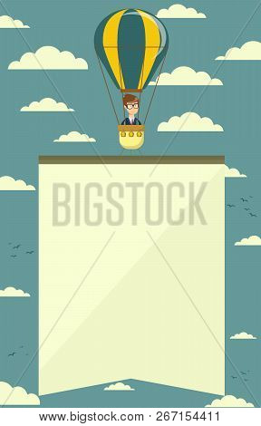 Hot Air Balloon With Banner. Stock Flat Vector Illustration.