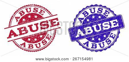 Grunge Abuse Seal Stamps In Blue And Red Colors. Stamps Have Draft Texture. Vector Rubber Imitation 