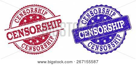 Grunge Censorship Seal Stamps In Blue And Red Colors. Stamps Have Distress Texture. Vector Rubber Im