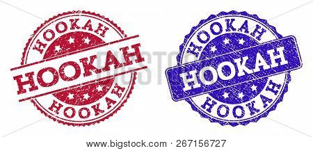 Grunge Hookah Seal Stamps In Blue And Red Colors. Stamps Have Draft Style. Vector Rubber Imitation W